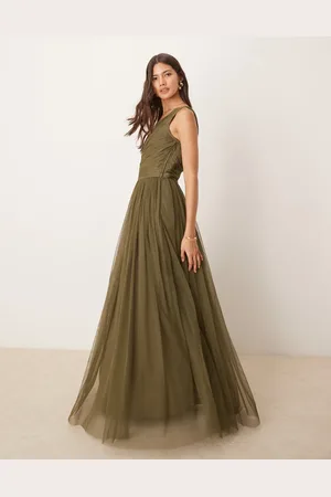 Lace & Beads Bridesmaid one shoulder tulle maxi dress in -Green