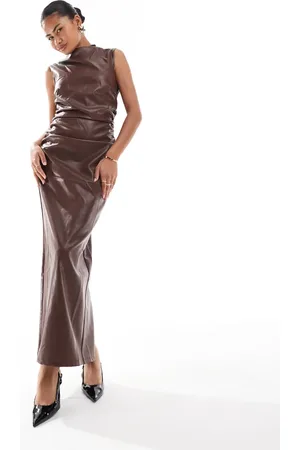 Amy Lynn Faux leather ruched front maxi dress with back split in -Red