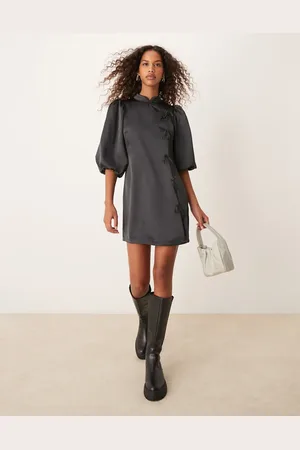 Glamorous Short puff sleeve mini dress with side tie detail in black-Grey