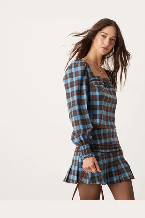 Glamorous Milkmaid blouse in blue and brown check (part of a set)