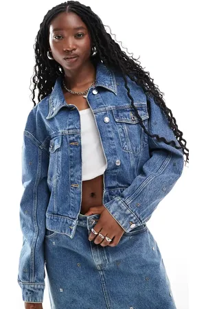HUGO BOSS Gisolia denim jacket in midwash with all over logo studding (part of a set)