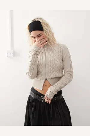 COLLUSION Zip through knitted cable knit cardigan in -Brown