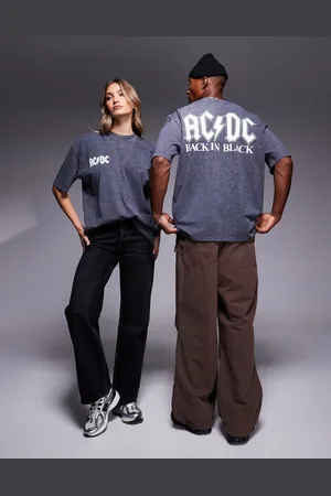 ASOS Unisex oversized licence band t-shirt with AC/DC prints in washed charcoal-Black