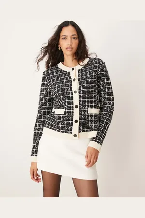 Y.A.S Short knit cardigan in black and cream check-Multi