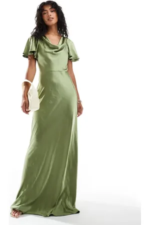 Six Stories Bridesmaids flutter sleeve satin maxi dress in