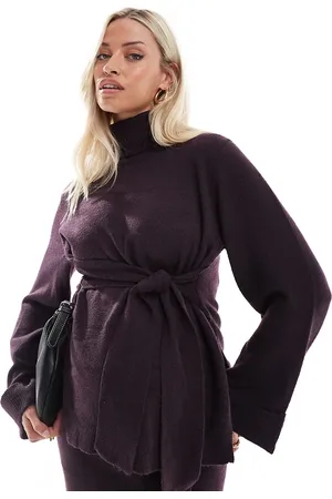 Mama;licious Mamalicious Maternity knitted roll neck jumper with tie waist in plum (part of a set)-Neutral