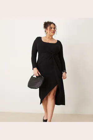 New Look New Look Curve long sleeve knot front midi dress in black