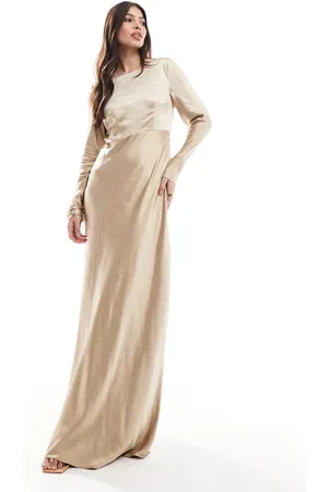 Six Stories Bridesmaids long sleeve cowl back satin maxi dress in -Neutral