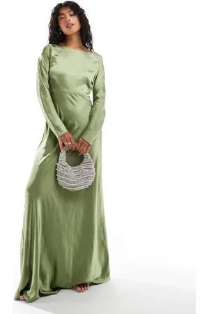 Six Stories Bridesmaids long sleeve cowl back satin maxi dress in