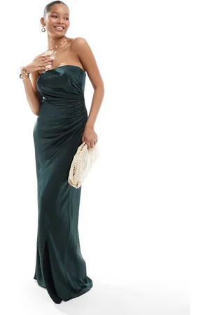 Six Stories Bridesmaids ruched satin bandeau maxi dress in -Green