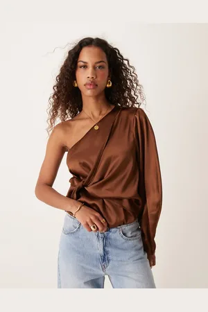 ASOS One shoulder satin wrap bodysuit in chocolate brown-Neutral