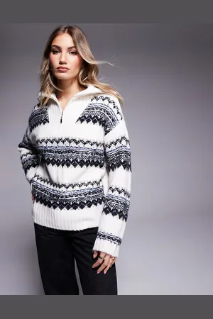 In The Style Knit half zip jumper in cream fair isle print-White