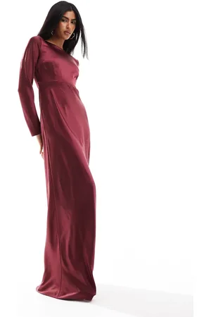 Six Stories Bridesmaids long sleeve cowl back satin maxi dress in -Red