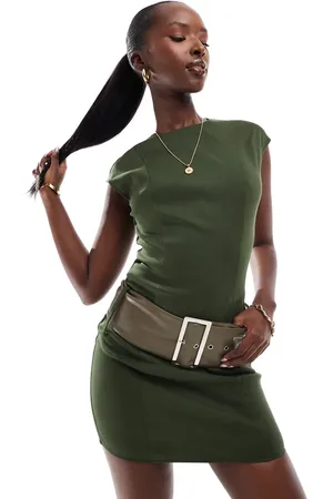 Kaiia Bengaline high neck oversized belt detail mini dress in -Green