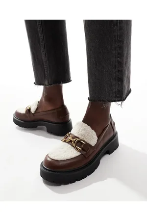 London Rebel Roxy chunky loafers with teddy faux fur in cream and brown