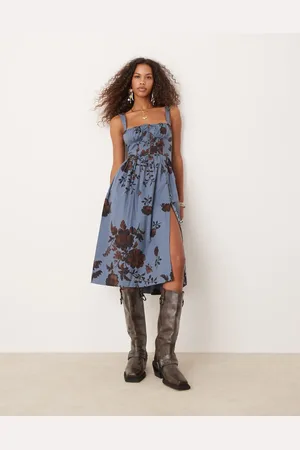 Free People Floral bloom print corset cami midi dress in deep blue-Navy