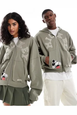 ASOS Disney unisex boxy super oversized zip through hoodie with Mickey Mouse prints and embroidery in khaki-Green