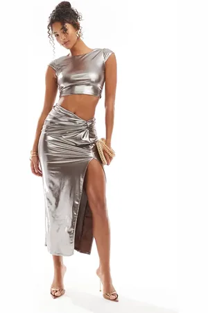 New Look Twist front midi skirt in pewter foil (part of a set)