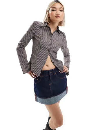 Bershka Turn up hem denim mini skirt in authentic