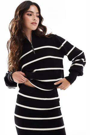 Y.A.S Zip neck knitted pullover jumper in with cream stripes (part of a set)