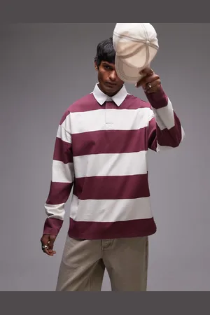 Topman Oversized fit stripe polo with woven collar in -Red
