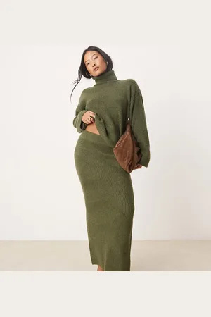 VILA Knitted midi skirt in khaki (part of a set)-Green