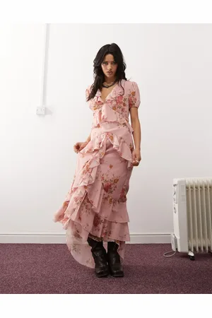 Reclaimed Boho flounce maxi tea dress in pink floral print-White