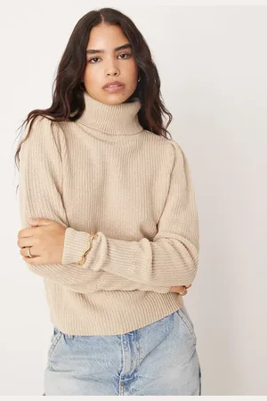VILA Roll neck knitted jumper in beige-Neutral