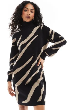 Object Roll neck knitted dress in abstract zebra print-Black