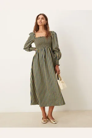 Glamorous Shirred midi dress with puff sleeves in navy yellow stripe