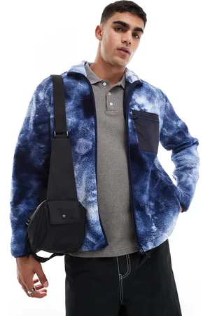Only & Sons Zip through sherpa fleece with chest pocket in blue print-Navy