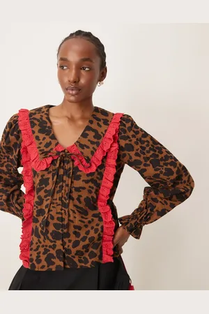 Neon Rose Tie front blouse with ruffle collar in -Brown