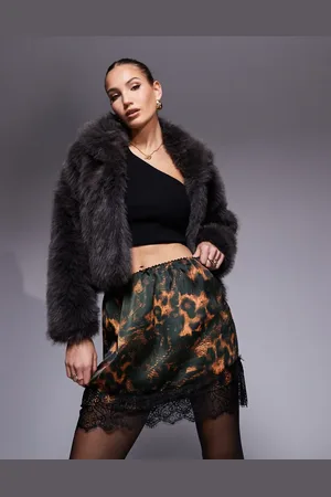 River Island Satin mini skirt with lace trim in leopard print-Neutral
