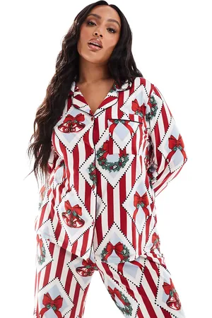 Chelsea Peers Curve poly Christmas vintage print long sleeve revere shirt and pants pyjama set in