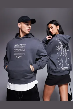 ASOS Unisex oversized boxy hoodie with Picasso line drawing prints in charcoal-Grey