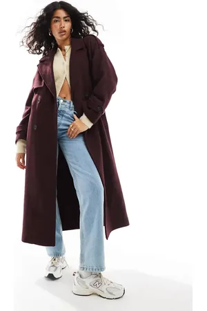 Bershka Wool maxi trench coat in -Red