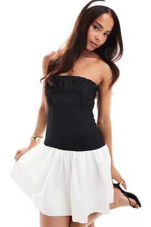 Forever New Ruched colour block mini dress in black and cream