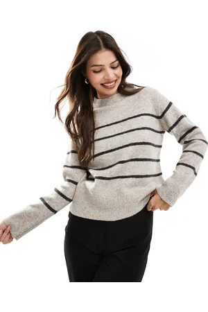 VERO MODA Oversized knitted jumper in stone and grey stripe-Neutral