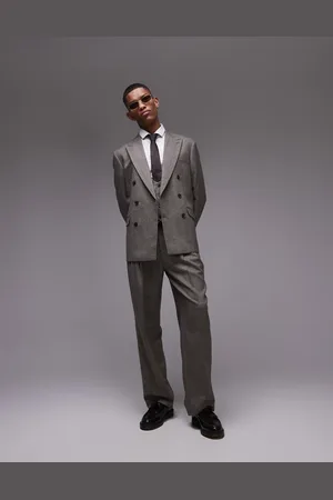 Topman Premium wide leg wool mix striped herringbone suit pants in brown