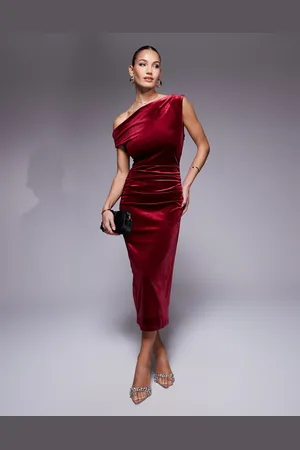 True Violet Velvet drape shoulder midi dress in -Red