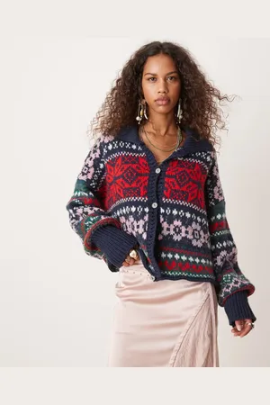 Free People Snowdrift fair isle cardigan in navy and red