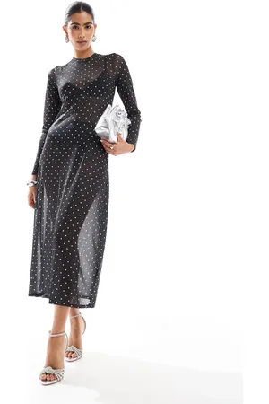 JJXX Mesh polka dot long sleeve dress in black
