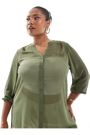 Yours Notch neck sheer crepe blouse in -Green