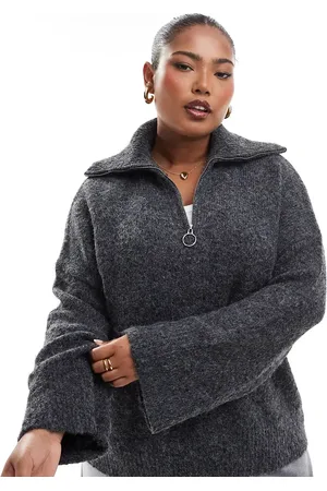 ASOS ASOS DESIGN Curve zip neck jumper in fluffy yarn in -Grey