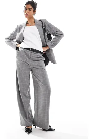 Bershka Wide leg belted tailored pants in check (part of a set)
