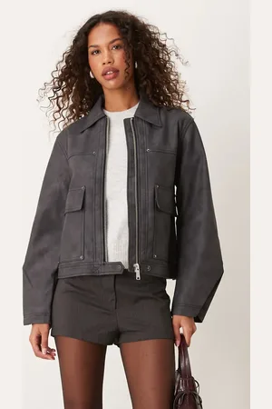 Free People Winnie faux leather moto jacket in charcoal-Grey