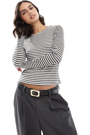 VERO MODA Long sleeved ribbed jersey top in asphalt stripe-Grey