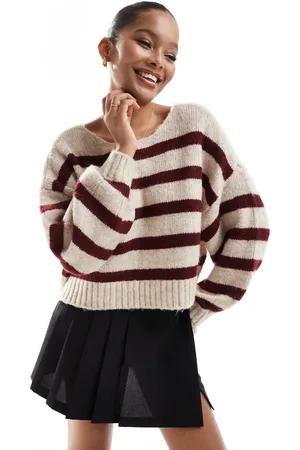 ONLY Wide neck stripe jumper in burgundy & -White