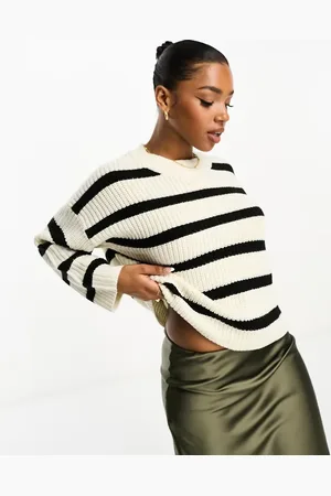 JDY Knitted crew neck stripe jumper in black & cream