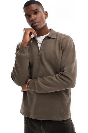 Only & Sons Long sleeve 1/4 zip polo top in brown